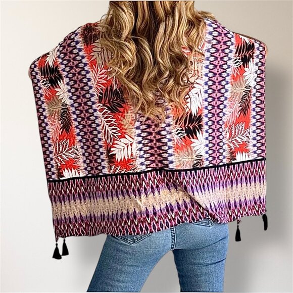 Ruby Rd M Linen Poncho Blouse Purple Orange Floral Tassel Boho Hippie Resort Top - Picture 3 of 10